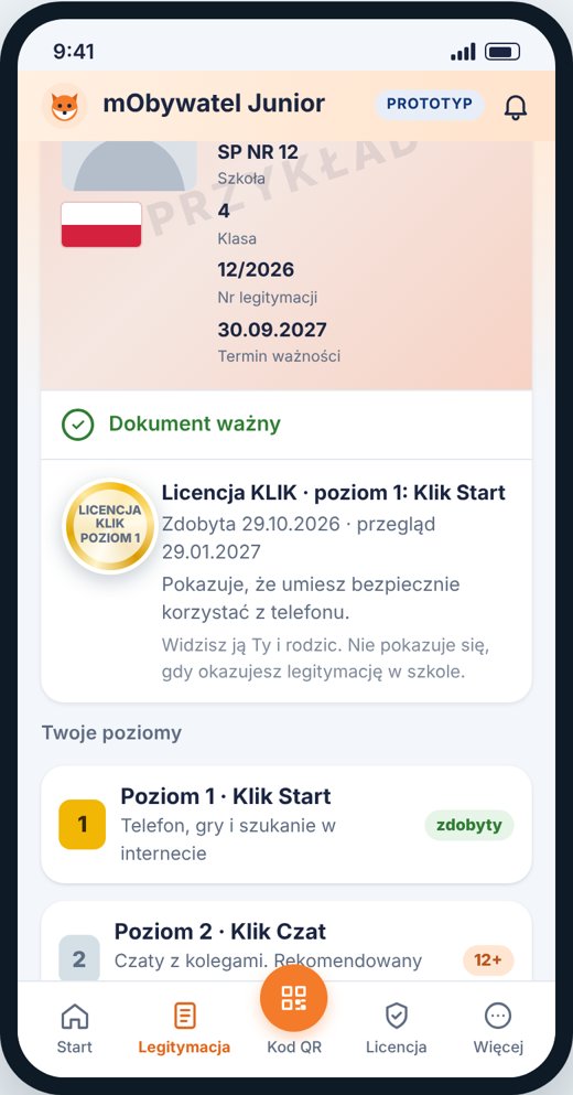 Ekran prototypu: Licencja dziecka pod legitymacją szkolną