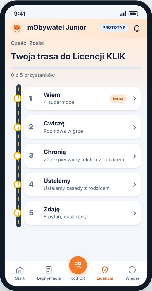 Ekran prototypu: trasa pięciu przystanków Licencji KLIK